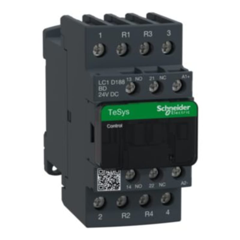 Schneider Electric Contactor, TeSys Deca, 4P(2NO+2NC), AC-1, <=440V, 32A, 24VDC coil, screw clamp terminals LC1D188BD