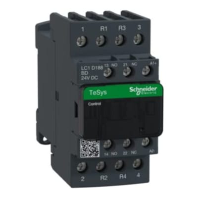 Schneider Electric Contactor, TeSys Deca, 4P(2NO+2NC), AC-1, <=440V, 32A, 24VDC coil, screw clamp terminals LC1D188BD