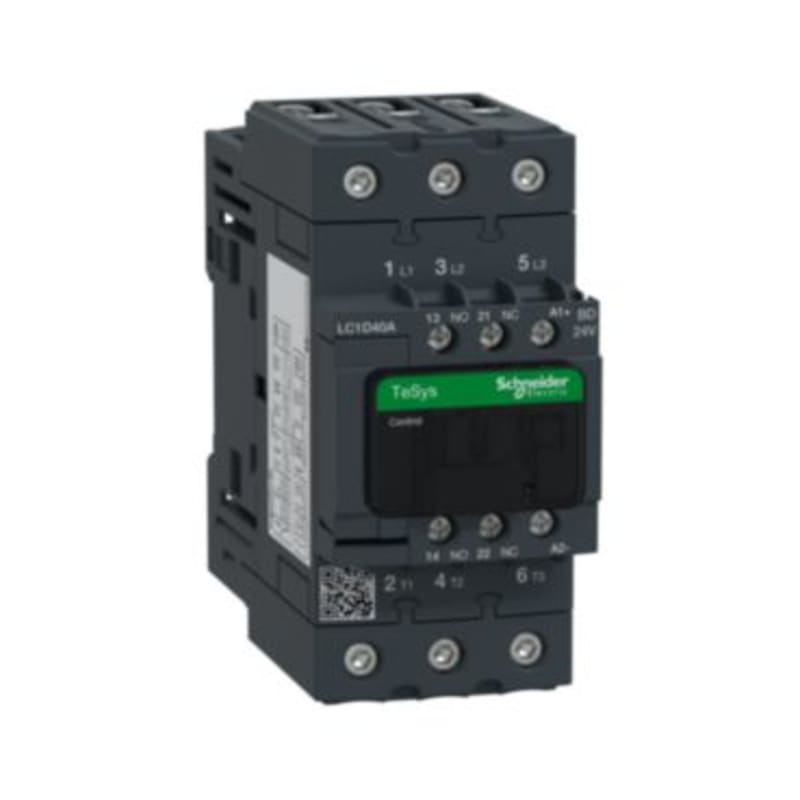 Schneider Electric Contactor, TeSys Deca, 3P(3 NO), AC-3/AC-3E, <=400V, 40A, 24V DC standard coil, screw clamp terminals LC1D40ABD