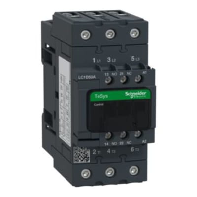 Schneider Electric Contactor, TeSys Deca, 3P(3 NO), AC-3/AC-3E, <=400V, 50A, 230V AC 50/60Hz coil, screw clamp terminals LC1D50AP7