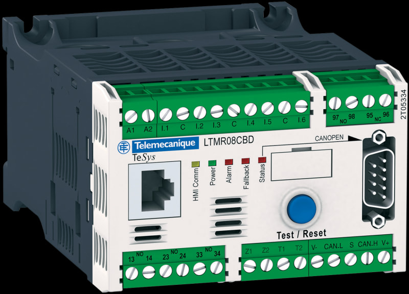 Schneider Electric Motor Management, TeSys T, motor controller, CANopen, 6 logic inputs, 3 relay logic outputs, 5 to 100A, 100 to 240 VAC LTMR100CFM