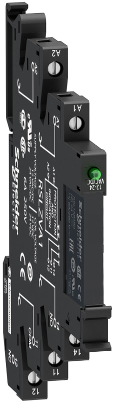 Schneider Electric Slim interface relay pre-assembled, 6 A, 1 CO, LED, protection module, spring terminal, 24 V AC RSL1PVBU