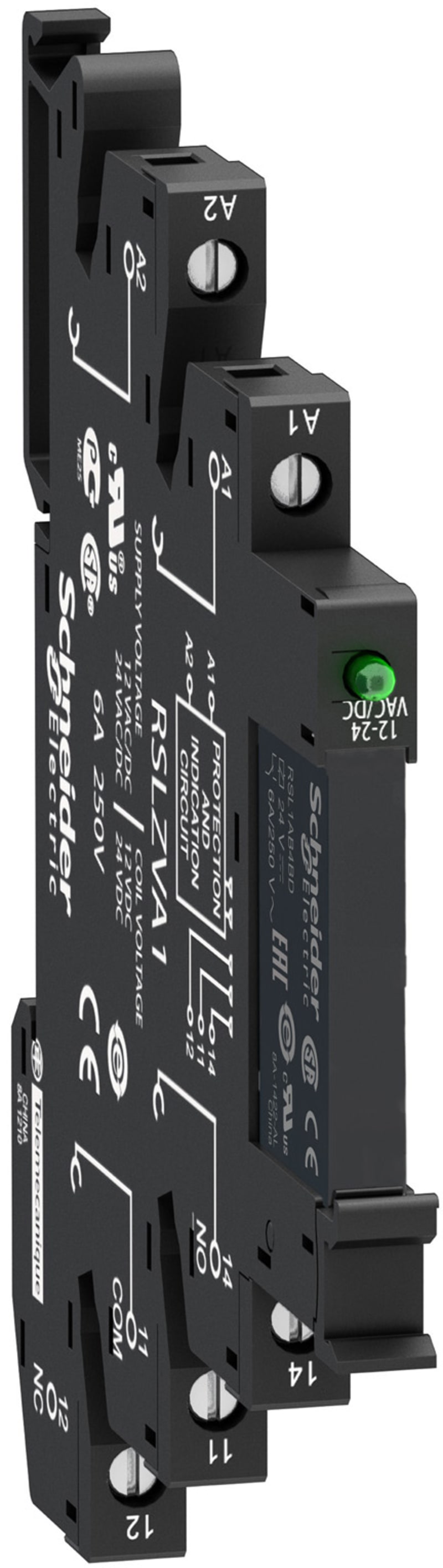 Schneider Electric Slim interface relay pre-assembled, 6 A, 1 CO, LED, protection module, spring terminal, 110 V AC RSL1PVFU
