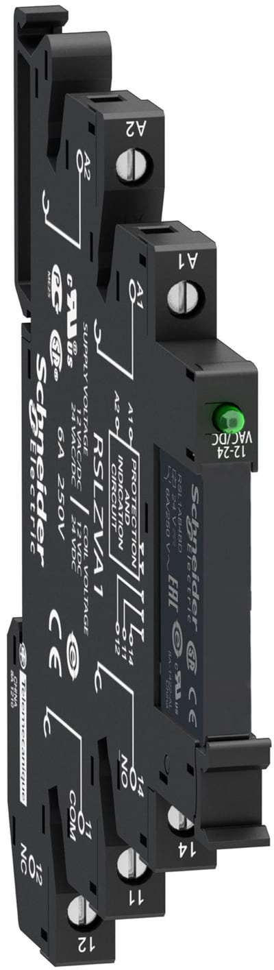 Schneider Electric Slim interface relay pre-assembled, 6 A, 1 CO, LED, protection module, spring terminal, 110 V AC RSL1PVFU