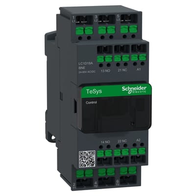 Schneider Electric Contactor, TeSys Deca Advanced, 3P(3NO), AC-3/3E, <=440V, 18A, 24...60V AC/DC coil, snap-in terminals LC1D18ABNE