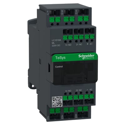 Schneider Electric Contactor, TeSys Deca, 3P(3NO), AC-3/3E, <=440V, 18A, 220V DC low consumption coil, snap-in terminals LC1D18AML