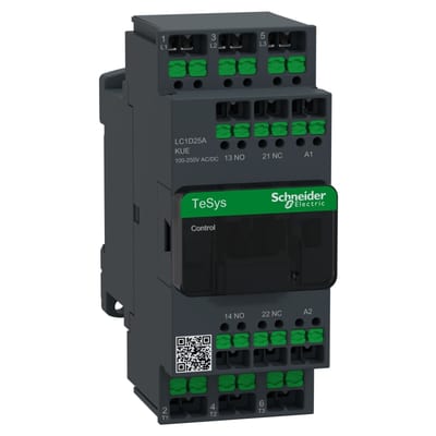 Schneider Electric Contactor, TeSys Deca Advanced, 3P(3NO), AC-3/3E, <=440V, 25A, 100...250V AC/DC coil, snap-in terminals LC1D25AKUE