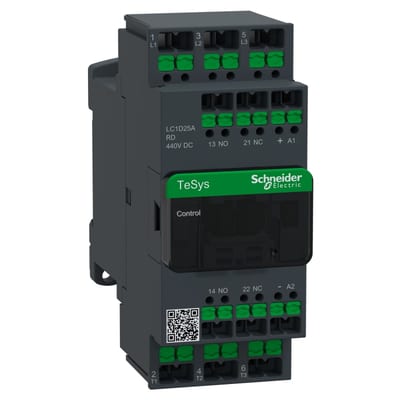 Schneider Electric Contactor, TeSys Deca, 3P(3NO), AC-3/3E, <=440V, 25A, 440V DC coil, snap-in terminals LC1D25ARD
