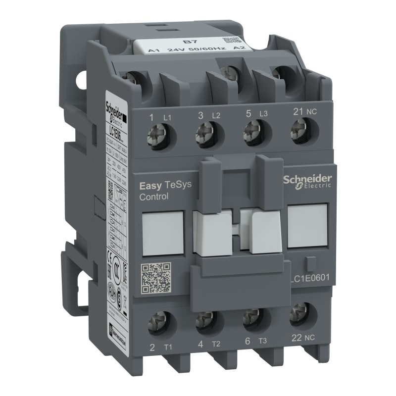 Schneider Electric Contactor,Easy TeSys Control,LC1E,3P(3NO),AC-3/AC-3E,≤440V,6A,24V AC coil,50/60Hz,1NC auxiliary contact LC1E0601B7