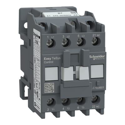 Schneider Electric Contactor,Easy TeSys Control,LC1E,3P(3NO),AC-3/AC-3E,≤440V,6A,24V AC coil,50/60Hz,1NC auxiliary contact LC1E0601B7