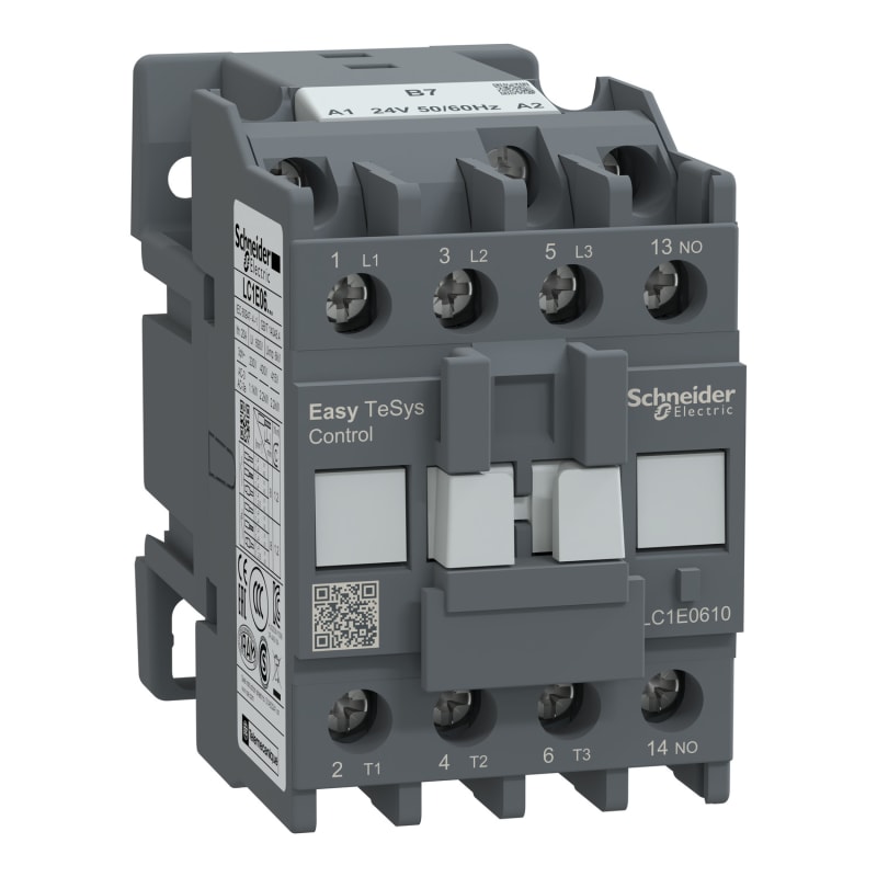Schneider Electric Contactor,Easy TeSys Control,LC1E,3P(3NO),AC-3/AC-3E,≤440V,6A,24V AC coil,50/60Hz,1NO auxiliary contact LC1E0610B7