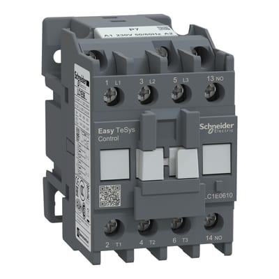 Schneider Electric Contactor,Easy TeSys Control,LC1E,3P(3NO),AC-3/AC-3E,≤440V,6A,230V AC coil,1NO auxiliary contact LC1E0610P7
