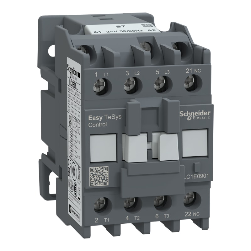 Schneider Electric Contactor,Easy TeSys Control,LC1E,3P(3NO),AC-3/AC-3E,≤440V,9A,24V AC coil,50/60Hz,1NC auxiliary contact LC1E0901B7