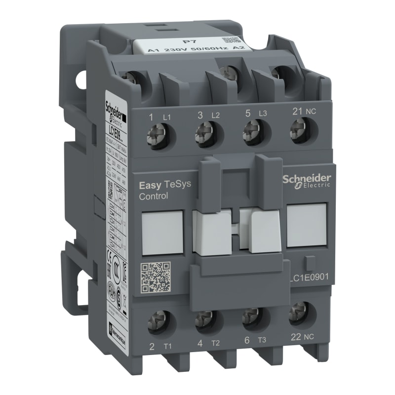 Schneider Electric Contactor,Easy TeSys Control,LC1E,3P(3NO),AC-3/AC-3E,≤440V,9A,230V AC coil,1NC auxiliary contact LC1E0901P7