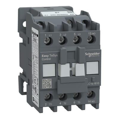 Schneider Electric Contactor,Easy TeSys Control,LC1E,3P(3NO),AC-3/AC-3E,≤440V,18A,24V AC coil,50/60Hz,1NO auxiliary contact LC1E1810B7