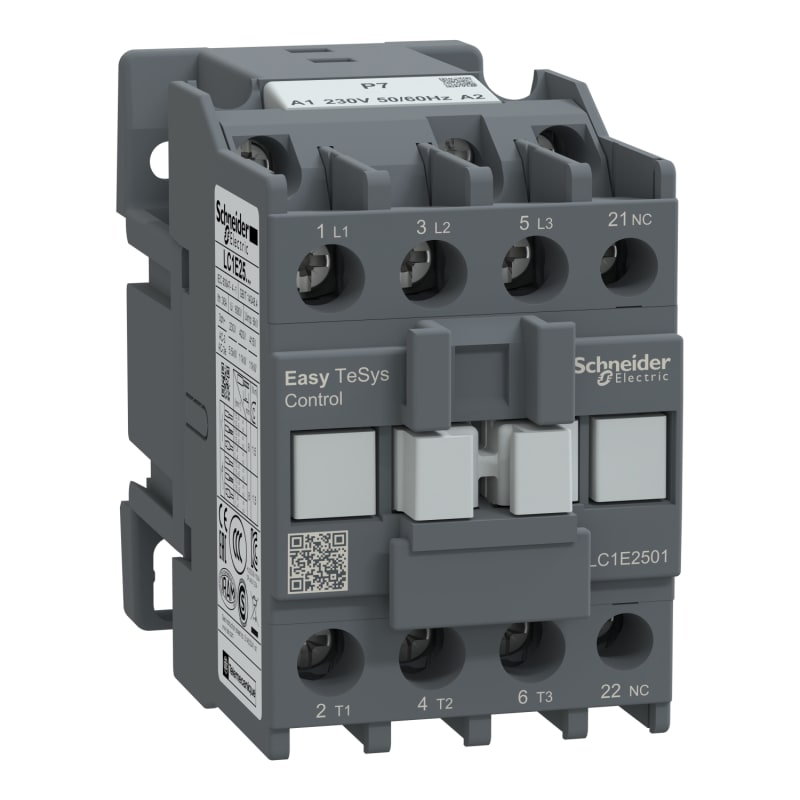 Schneider Electric Contactor,Easy TeSys Control,LC1E,3P(3NO),AC-3/AC-3E,≤440V,25A,230V AC coil,1NC auxiliary contact LC1E2501P7