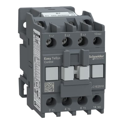 Schneider Electric Contactor,Easy TeSys Control,LC1E,3P(3NO),AC-3/AC-3E,≤440V,25A,24V AC coil,50/60Hz,1NO auxiliary contact LC1E2510B7