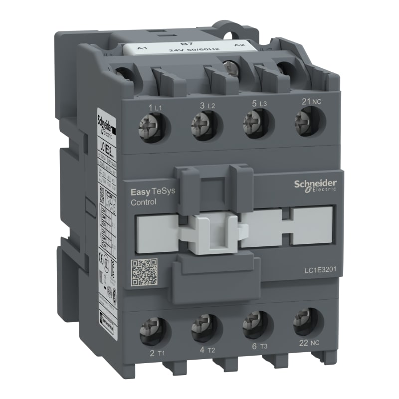 Schneider Electric Contactor,Easy TeSys Control,LC1E,3P(3NO),AC-3/AC-3E,≤440V,32A,24V AC coil,50/60Hz,1NC auxiliary contact LC1E3201B7
