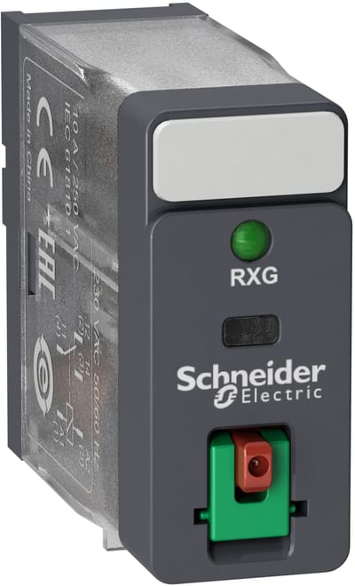 Schneider Electric Interface plug-in relay, 10 A, 1 CO, lockable test button, LED, 24 V AC RXG12B7