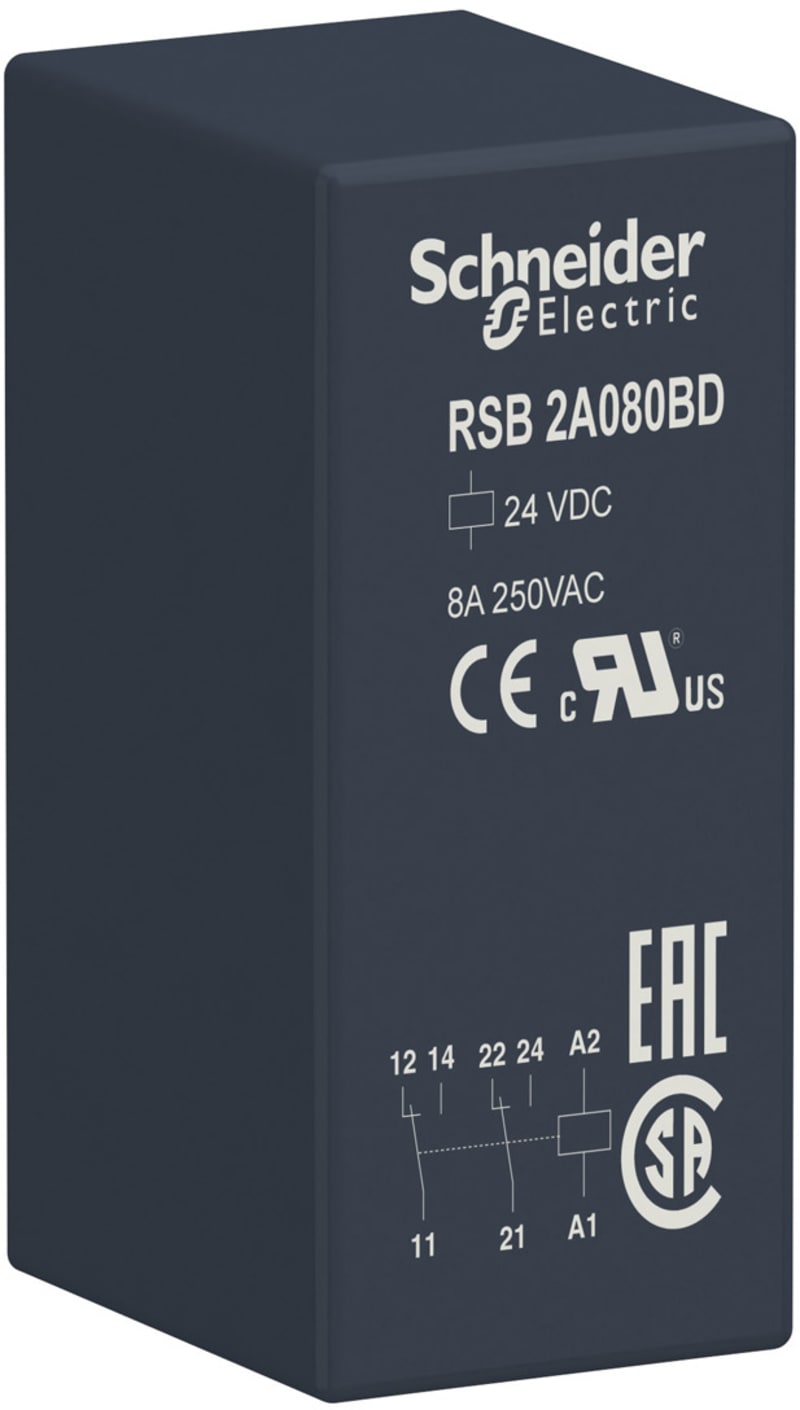 Schneider Electric Interface plug-in relay, 8 A, 2 CO, 24 V DC RSB2A080BD