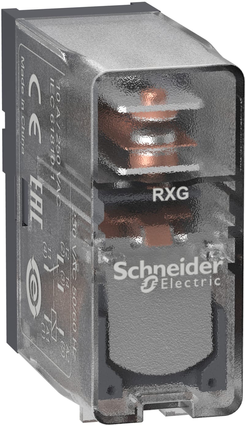 Schneider Electric Interface plug-in relay, 10 A, 1 CO, clear cover, 230 V AC RXG15P7