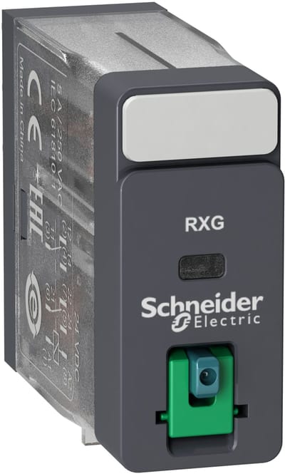 Schneider Electric Interface plug-in relay, 5 A, 2 CO, lockable test button, 12 V DC RXG21JD