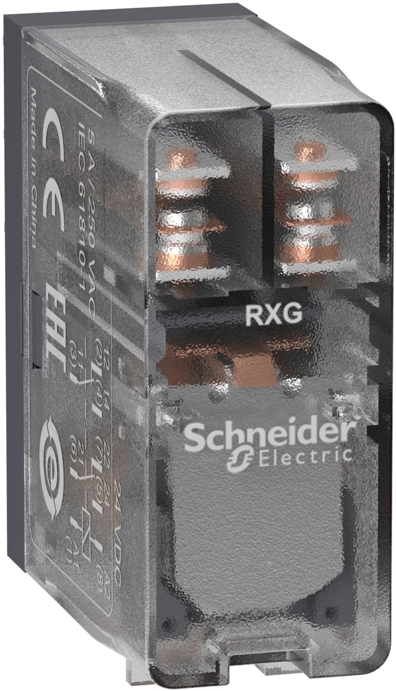 Schneider Electric Interface plug-in relay, 5 A, 2 CO, clear cover, 24 V DC RXG25BD