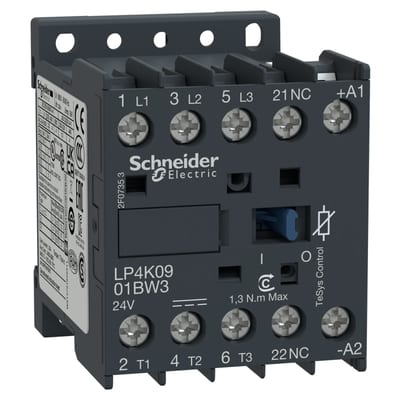 Schneider Electric TeSys K contactor - 3P - AC-3 <= 440 V 9 A - 1 NC aux. - 24 V DC coil LP4K0901BW3