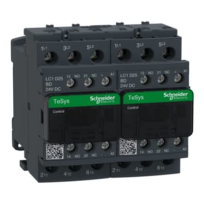 Schneider Electric Reversing Contactor, TeSys Deca, 3P(3NO),AC-3, <=440V 25A,24V DC coil, screw clamp terminals LC2D25BD