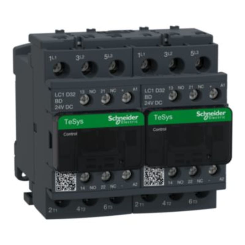 Schneider Electric Reversing Contactor, TeSys Deca, 3P(3NO), AC-3, <=440V, 32A, 24V DC coil, with electrical interlocking, screw clamp terminals LC2D32BD