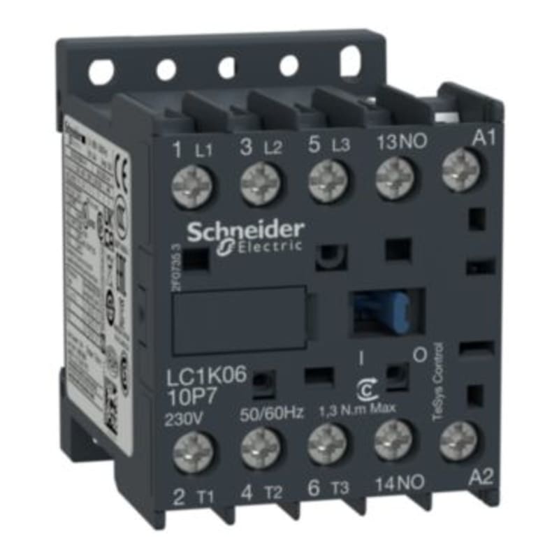 Schneider Electric Contactor, TeSys K, 3P, AC-3/AC-3E,440V 6A, aux. 1NO, 230V AC coil, screw clamp terminals LC1K0610P7