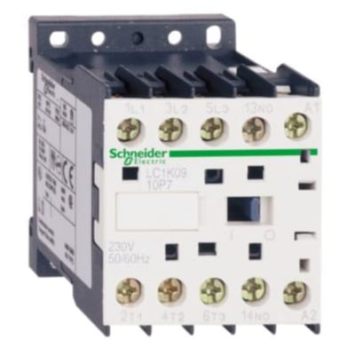 Schneider Electric Contactor, TeSys K, 3P, AC-3/AC-3E,440V 12A, aux. 1NO, 230V AC coil, screw clamp terminals LC1K1210P7