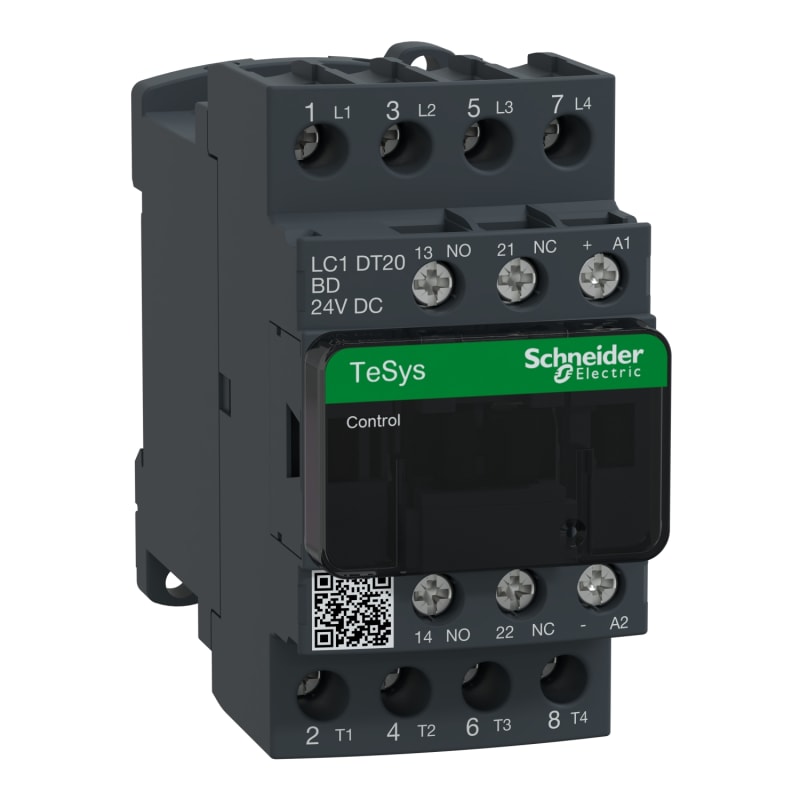 Schneider Electric Contactor, TeSys Deca, 4P(4 NO), AC-1, <=440V, 20A, 24VDC standard coil, screw clamp terminal LC1DT20BD