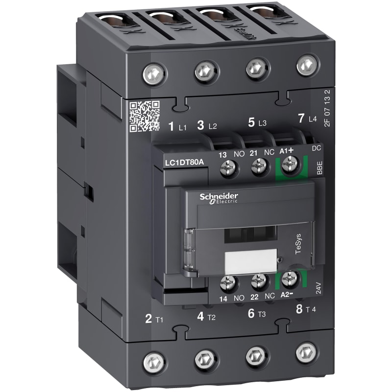 Schneider Electric Contactor, TeSys Deca Advanced, 4P(4NO), AC-1, <=440V, 80A, 24V DC coil, EverLink BTR screws LC1DT80ABBE