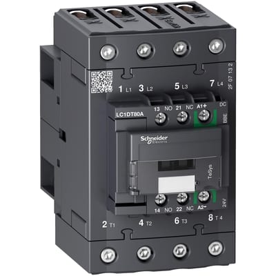 Schneider Electric Contactor, TeSys Deca Advanced, 4P(4NO), AC-1, <=440V, 80A, 24V DC coil, EverLink BTR screws LC1DT80ABBE