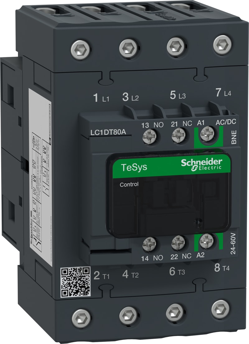 Schneider Electric Contactor, TeSys Deca Advanced, 4P(4NO), AC-1, <=440V, 80A, 24...60V AC/DC coil, EverLink BTR screws LC1DT80ABNE