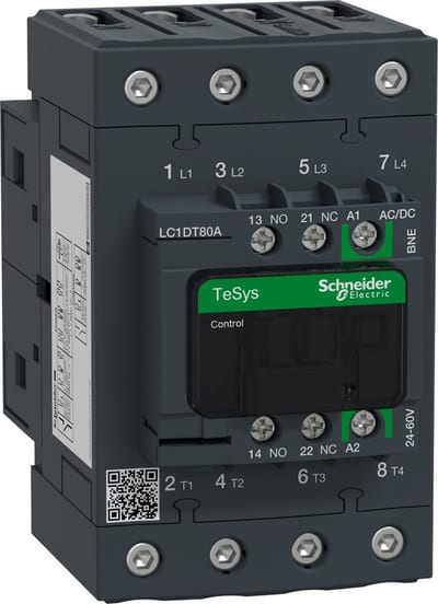 Schneider Electric Contactor, TeSys Deca Advanced, 4P(4NO), AC-1, <=440V, 80A, 24...60V AC/DC coil, EverLink BTR screws LC1DT80ABNE