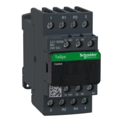 Schneider Electric Contactor, TeSys Deca, 4P(2NO+2NC), AC-1, <=440V, 40A, 24VDC coil, screw clamp terminal LC1D258BD