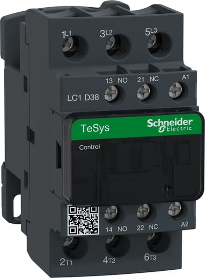 Schneider Electric Contactor, TeSys Deca, 3P(3NO), AC-3/AC-3E, <=440V, 38A, 48V AC 50/60Hz coil, screw clamp terminals LC1D38E7