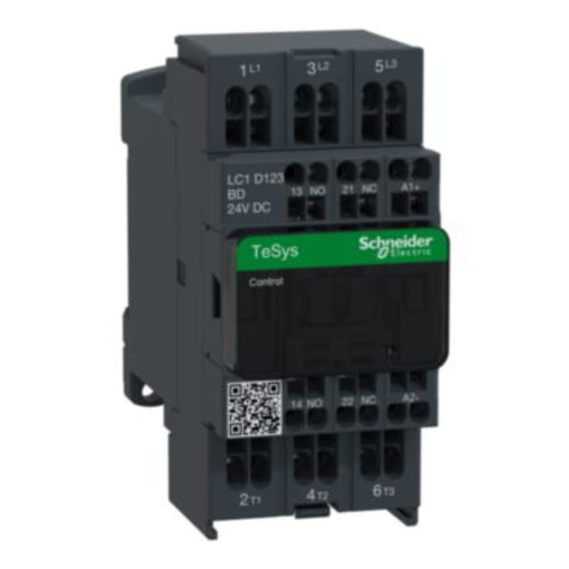 Schneider Electric Contactor, TeSys Deca, 3P(3NO), AC-3/AC-3E, <=440V, 12A, 24V DC coil, spring terminals LC1D123BD