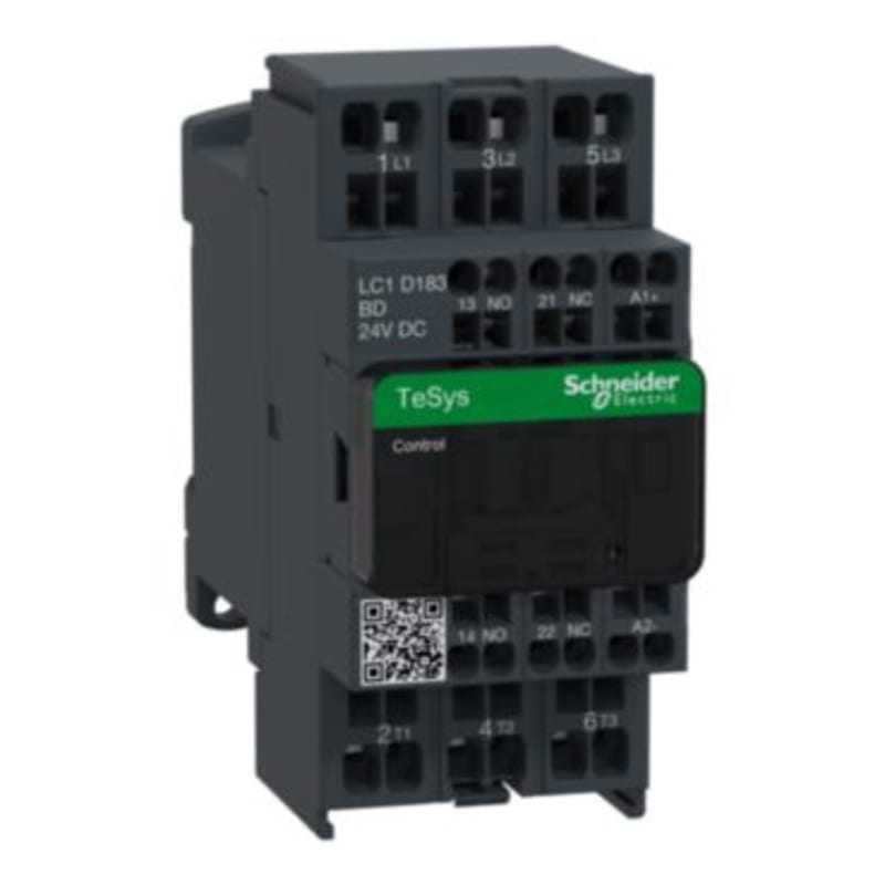 Schneider Electric Contactor, TeSys Deca, 3P(3NO), AC-3/AC-3E, <=440V, 18A, 24V DC coil, spring terminals LC1D183BD