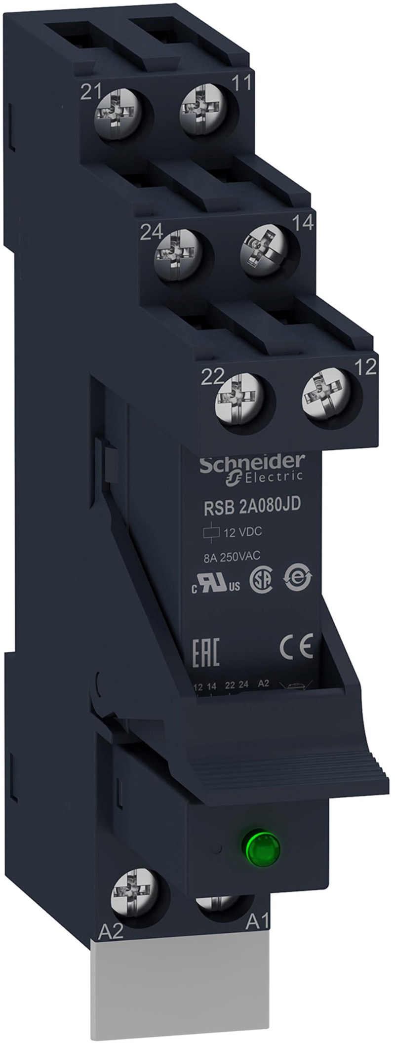 Schneider Electric Harmony, Interface plug-in relay pre-assembled, 8 A, 2 CO, with LED, with protection circuit, 12 V DC RSB2A080JDPV