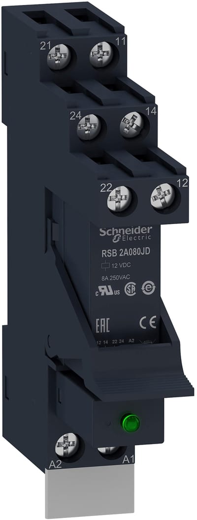 Schneider Electric Harmony, Interface plug-in relay pre-assembled, 8 A, 2 CO, with LED, with protection circuit, 12 V DC RSB2A080JDPV