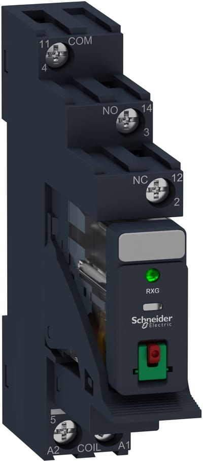 Schneider Electric Harmony, Interface plug-in relay pre-assembled, 10 A, 1 CO, with LED, with lockable test button, with protection circuit, 230 VAC RXG12P7PV