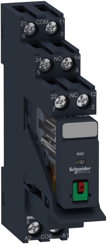 Schneider Electric Harmony, Interface plug-in relay pre-assembled, 5 A, 2 CO, with lockable test button, with protection circuit, 24 V AC RXG21B7PV