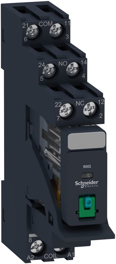 Schneider Electric Harmony, Interface plug-in relay pre-assembled, 5 A, 2 CO, with lockable test button, with protection circuit, 24 V DC RXG21BDPV