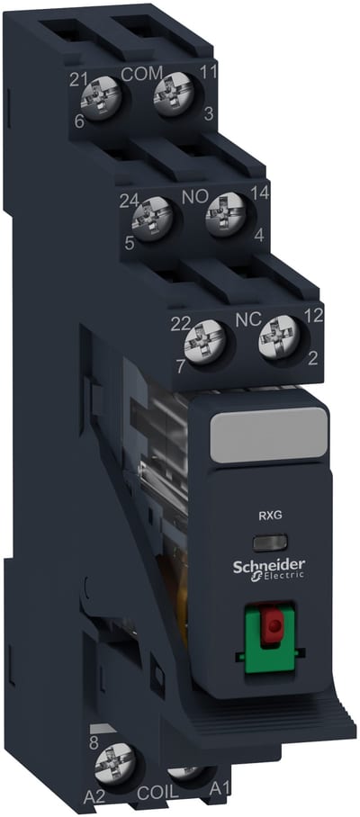 Schneider Electric Harmony, Interface plug-in relay pre-assembled, 5 A, 2 CO, with lockable test button, with protection circuit, 230 V AC RXG21P7PV