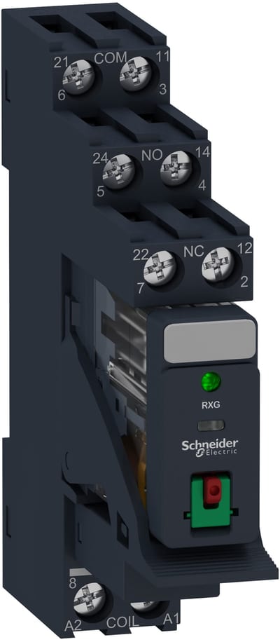 Schneider Electric Harmony, Interface plug-in relay pre-assembled, 5 A, 2 CO, with LED, with lockable test button, with protection circuit, 24 V AC RXG22B7PV