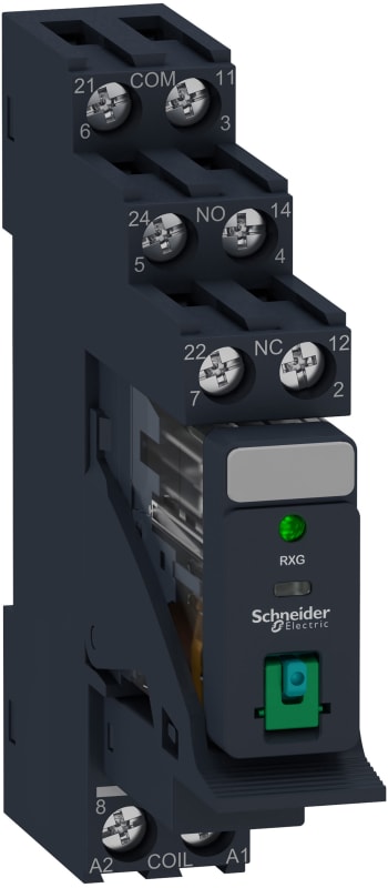 Schneider Electric Harmony, Interface plug-in relay pre-assembled, 5 A, 2 CO, with LED, with lockable test button, with protection circuit, 24 V DC RXG22BDPV