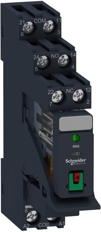 Schneider Electric Harmony, Interface plug-in relay pre-assembled, 5 A, 2 CO, with LED, with lockable test button, with protection circuit, 230 V AC RXG22P7PV